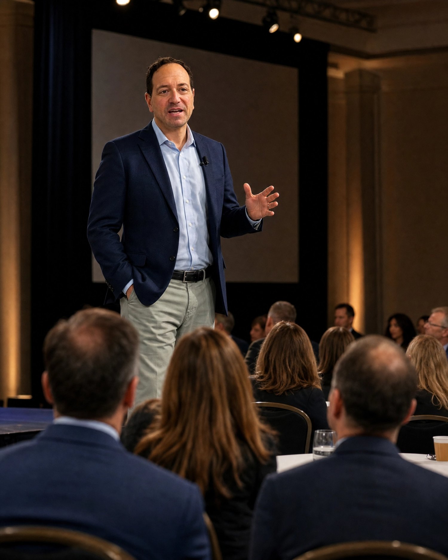 Marc Apple speaking on stage at a conference